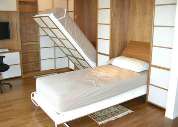 Подъемный шкаф-кровать: спальня в стиле минимализма